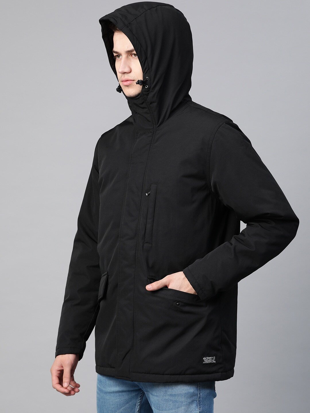 Men Black Solid Water Resistant Hooded Padded Jacket-27311-0000