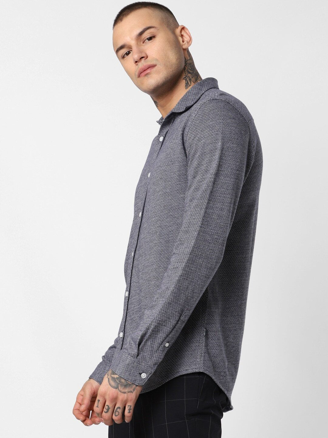 Men Navy Blue & White Slim Fit Self Design Casual Shirt-2080059002 - Discount Store
