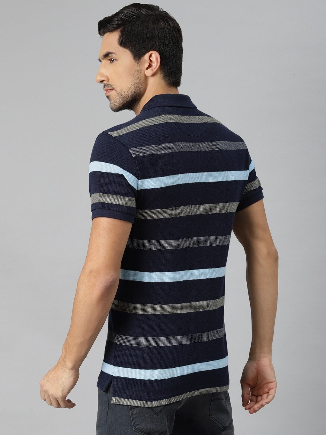 Men Navy Blue & Grey Striped Polo Collar T-shirt-17474-0188