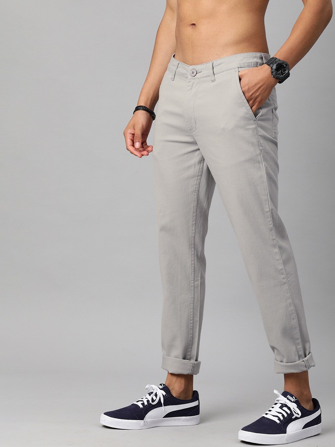 Men Grey Solid Chinos Trousers-13859102