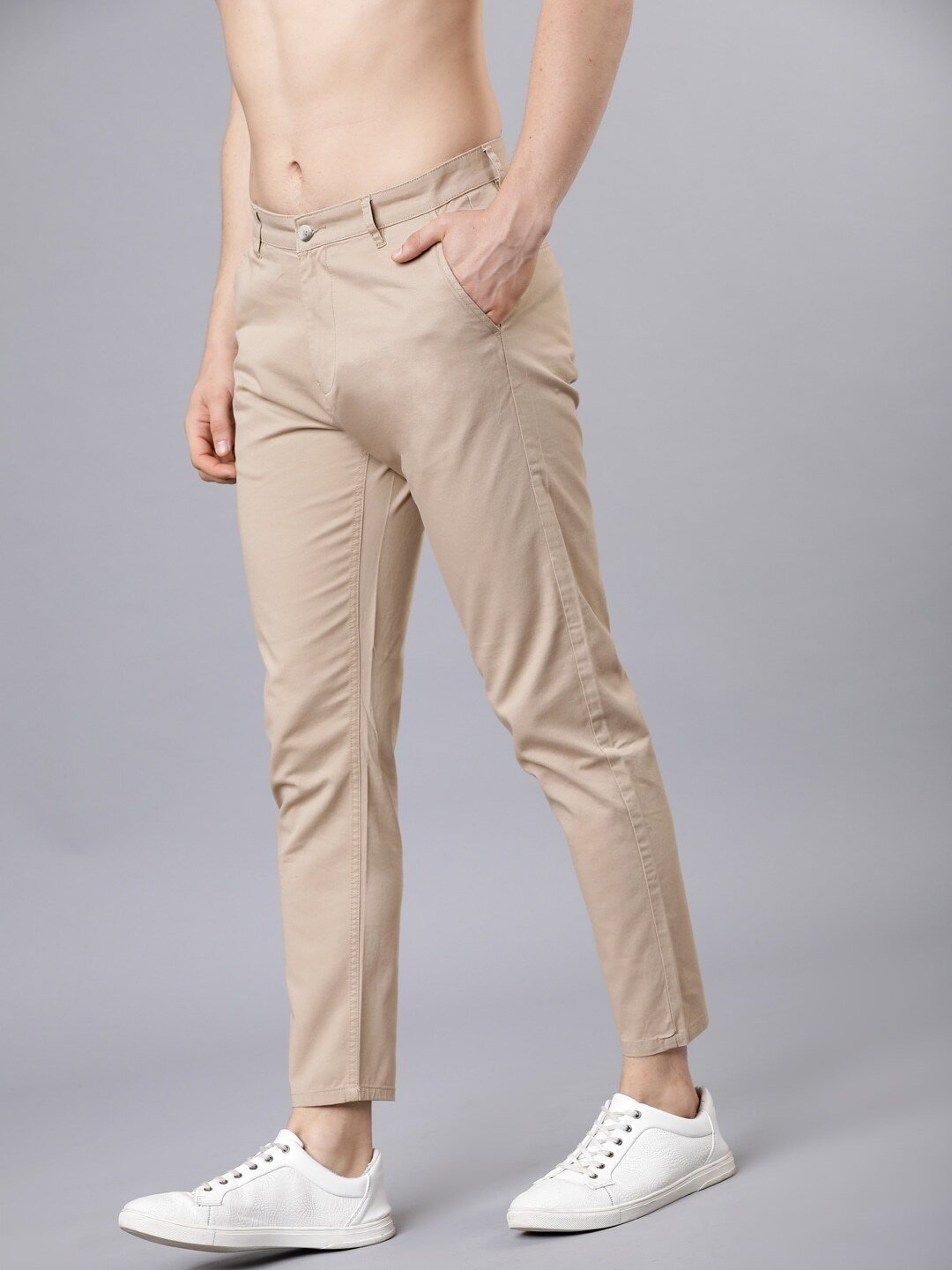 Men Beige Tapered Fit Solid Chinos-HLTR003869