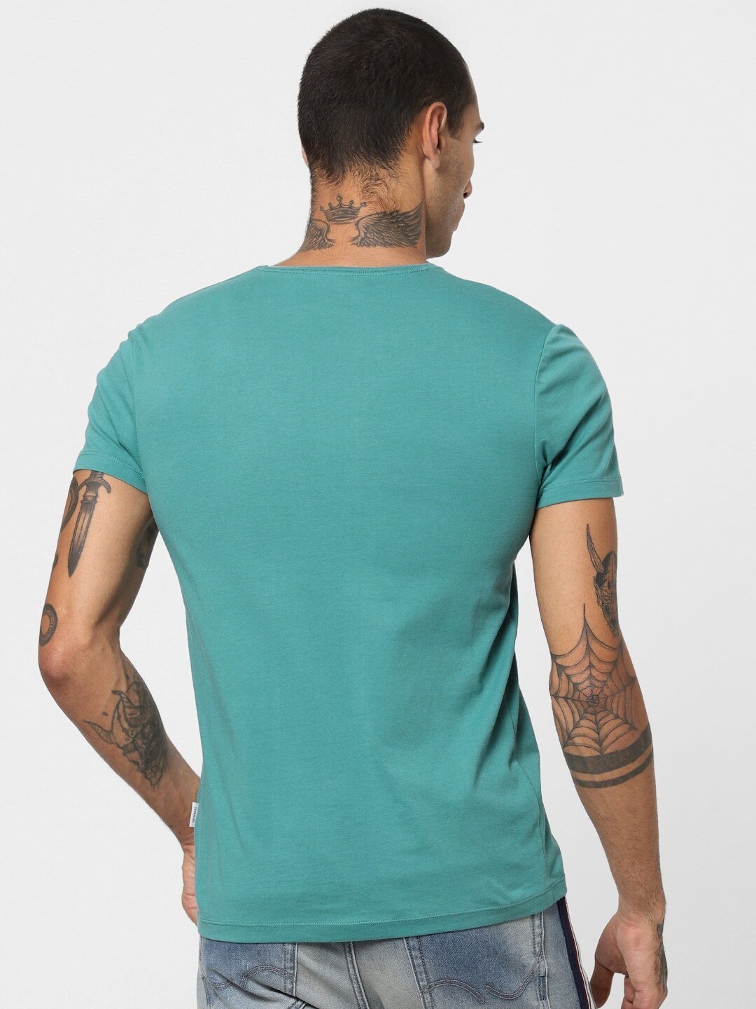 Jack Jones Core Men Turquoise Blue Solid Slim Fit V-Neck Pure Cotton T-shirt-2112447