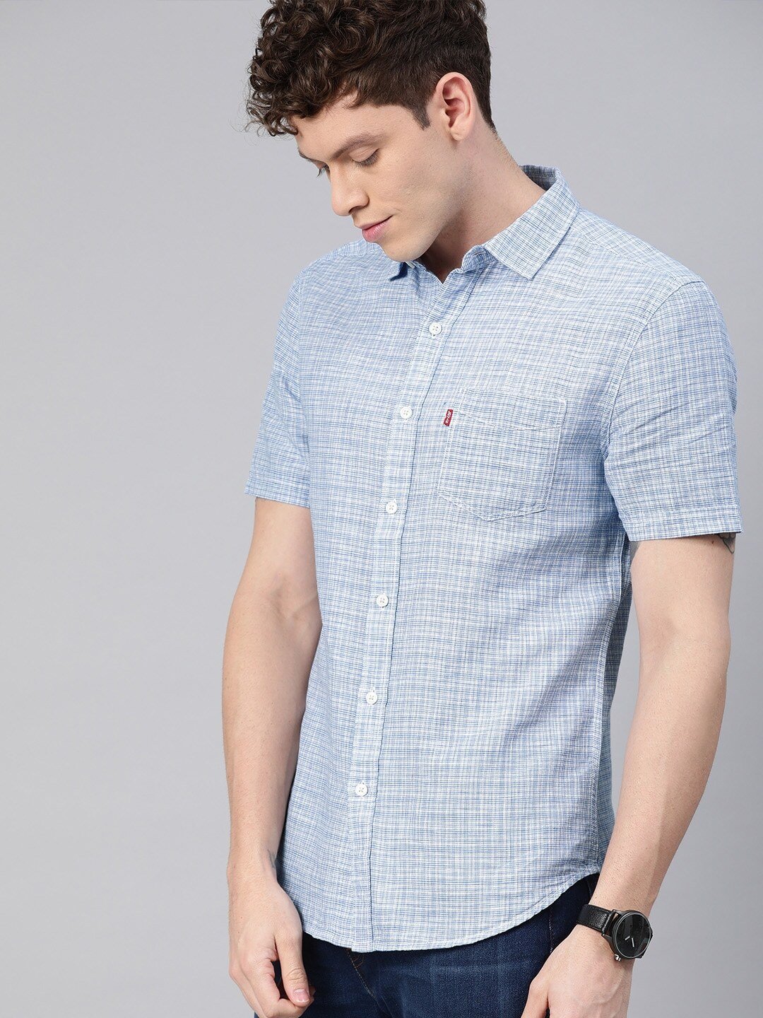 Men Blue & White Regular Fit Checked Casual Shirt-28544-0085