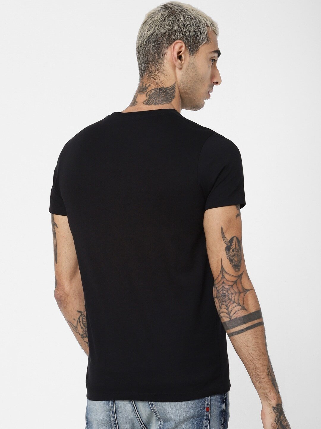 Jack Jones Men Black Slim Fit Printed Round Neck Sustainable Pure Cotton T-shirt-2118889