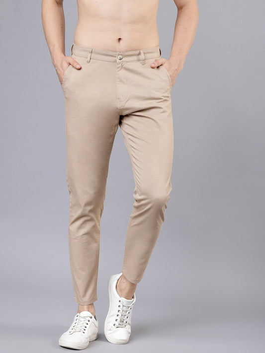 Men Beige Tapered Fit Solid Chinos-HLTR003869