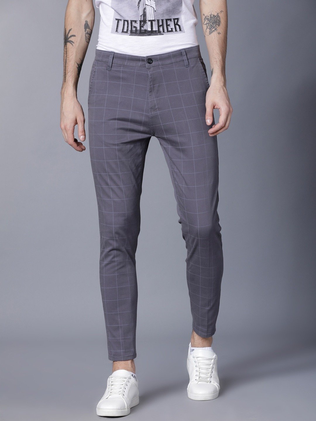 Men Grey Slim Fit Checked Regular Trousers-HLTR004103