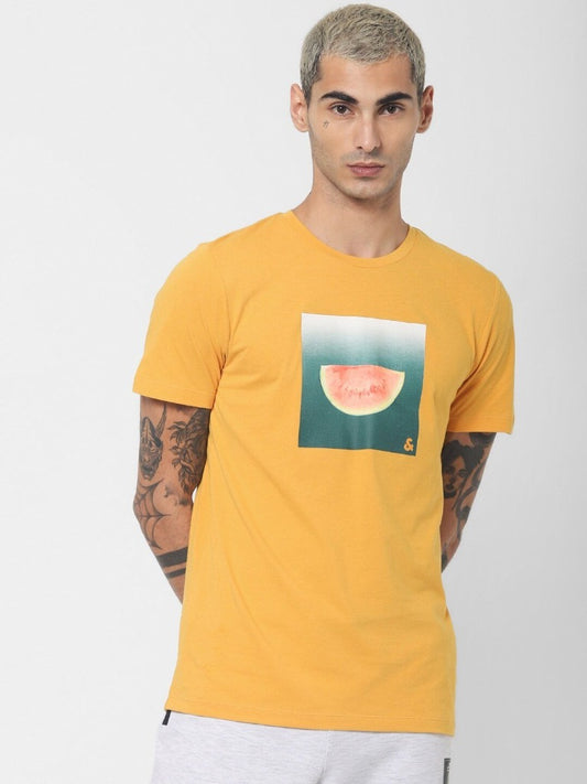 Jack Jones Men Mustard Yellow Slim Fit Graphic Printed Round Neck Sustainable Pure Cotton T-shirt-2118878