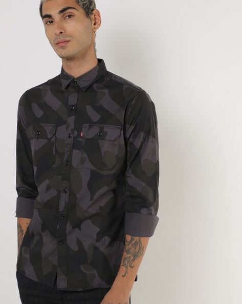 Camo Print Shirt with Button-Flap Pockets-21378-0055