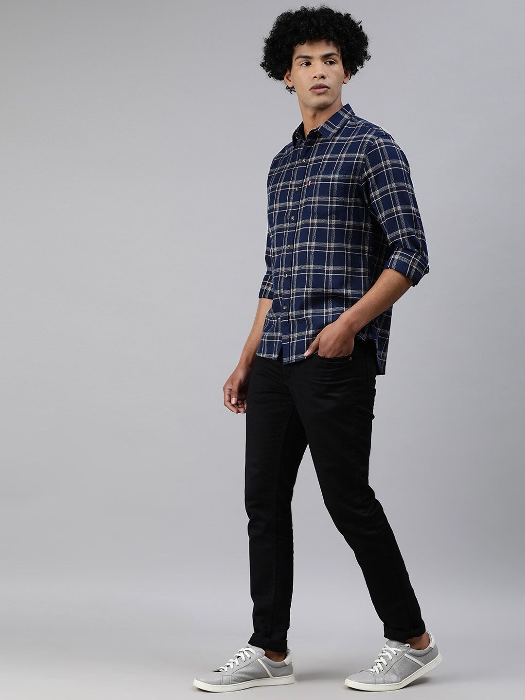 Men Navy Blue & Brown Slim Fit Checked Casual Shirt-32874-0279