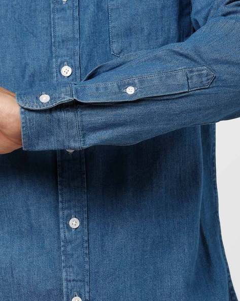 Denim Slim Fit Shirt with Patch Pocket-74637-0001
