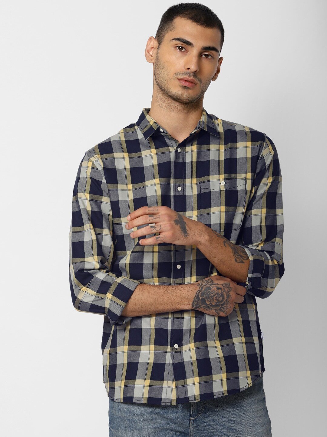 Men Yellow & Navy Blue Slim Fit Checked Casual Shirt-2081401010 - Discount Store