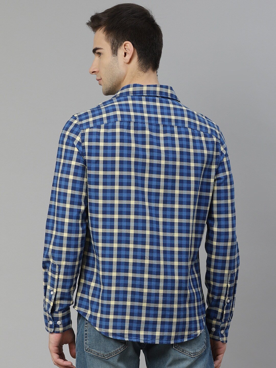 Men Blue & Yellow Pure Cotton Regular Fit Checked Casual Shirt-32907-0155