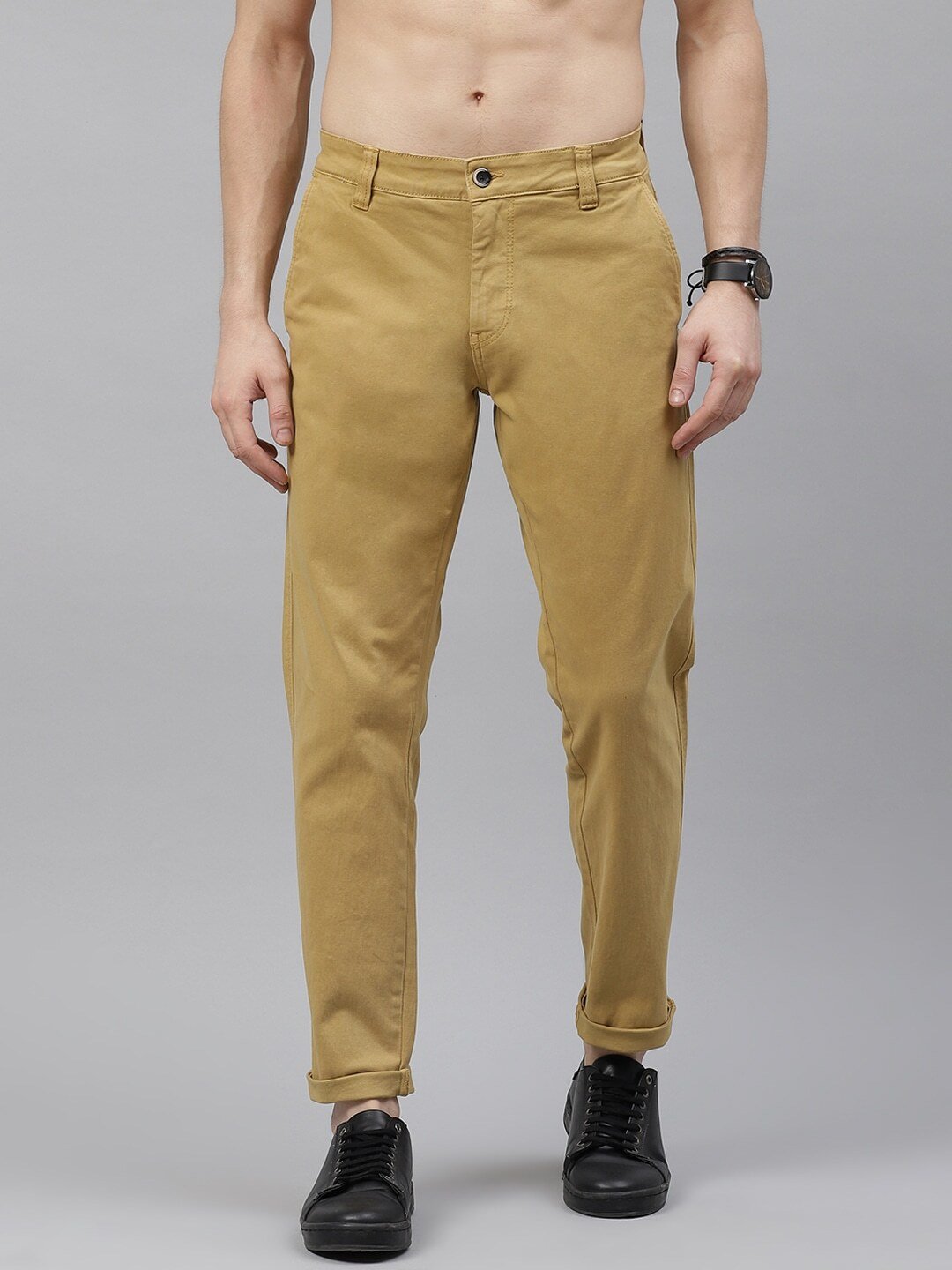 Men Beige Solid Regular Fit Solid Chinos-13817952