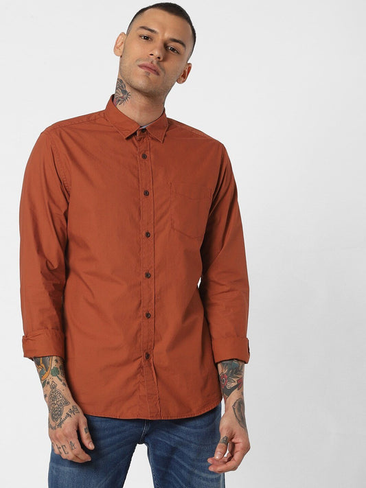 Men Brown Slim Fit Solid Casual Shirt-2081406007 - Discount Store