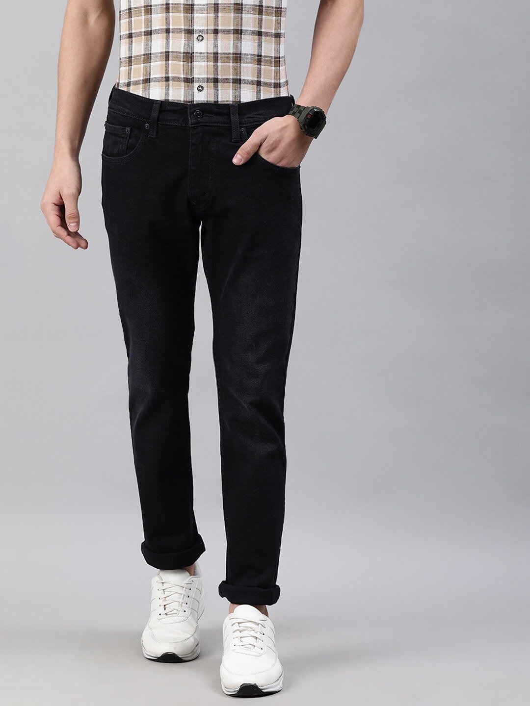 Men Black Skinny Fit Mid-Rise Clean Look Jeans-65504-0556