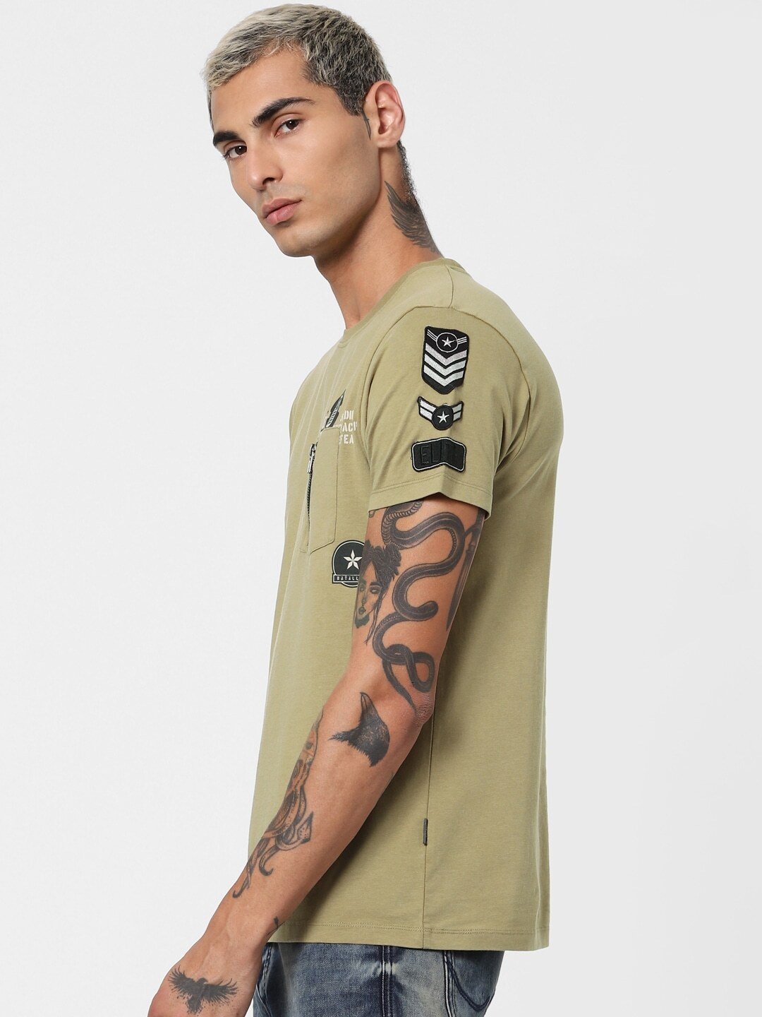 Men Beige Printed Round Neck Sustainable T-shirt with Zip Detail-2118891