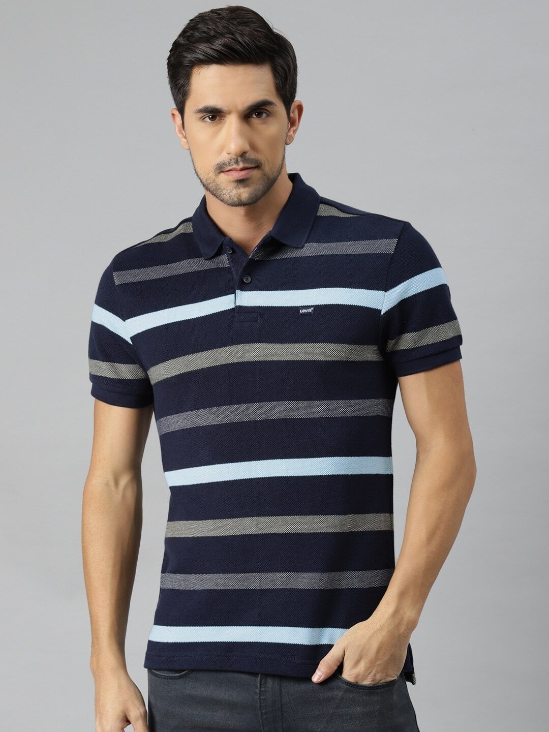Men Navy Blue & Grey Striped Polo Collar T-shirt-17474-0188