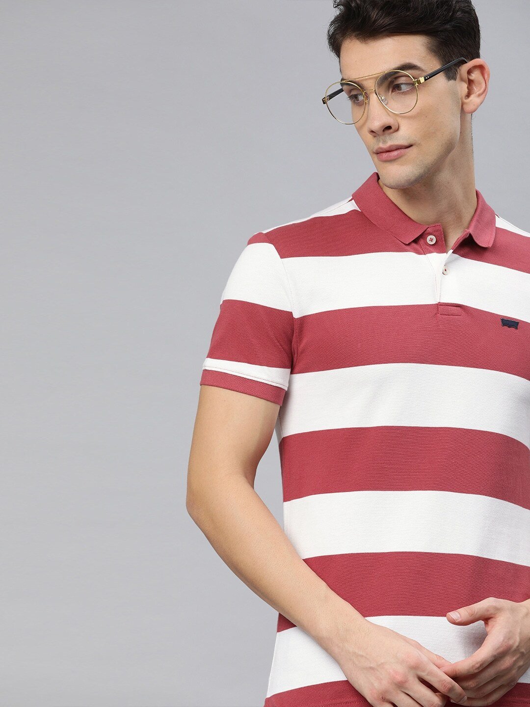 Men Red Striped Polo Collar T-shirt-58859-0040