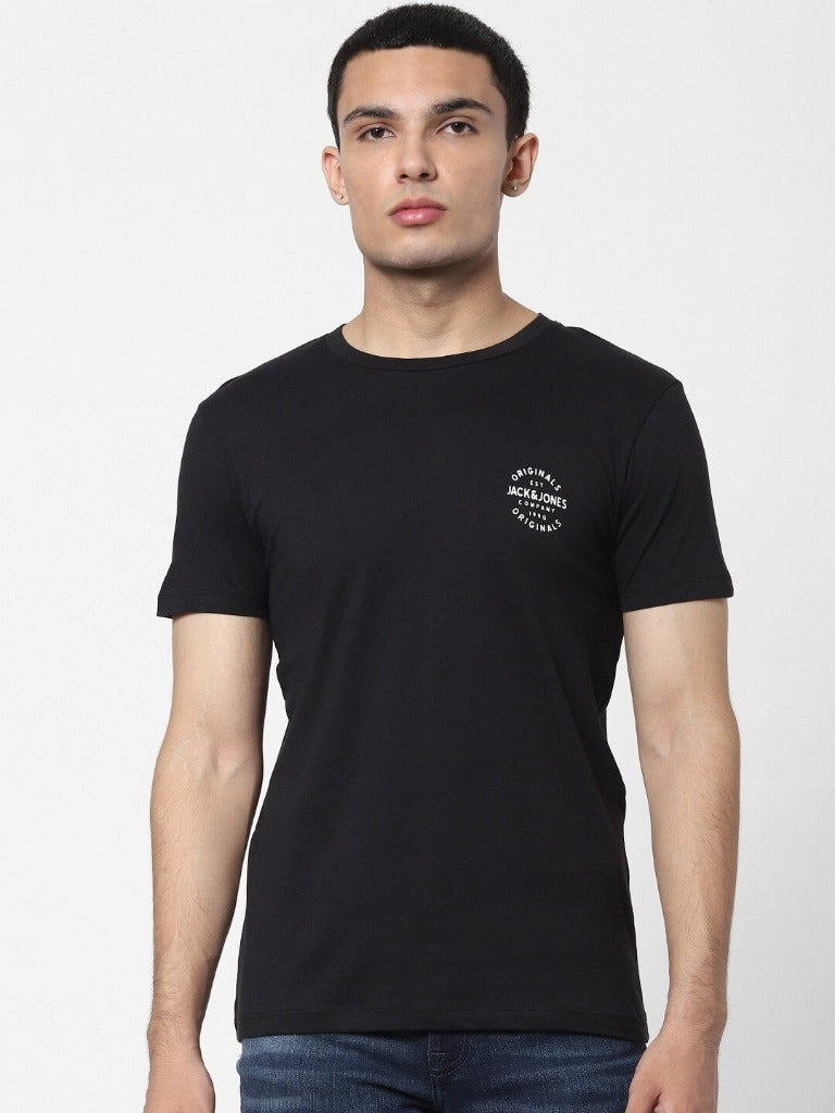 Men Black Solid Round Neck T-shirt-24222040