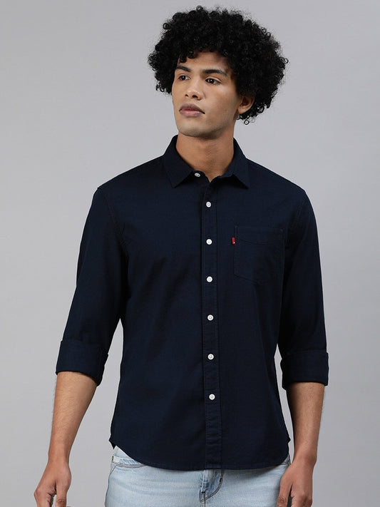 Men Navy Blue Slim Fit Solid Casual Shirt-32907-0093