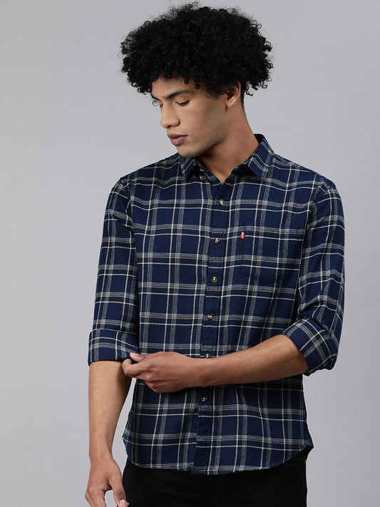 Men Navy Blue & Brown Slim Fit Checked Casual Shirt-32874-0279