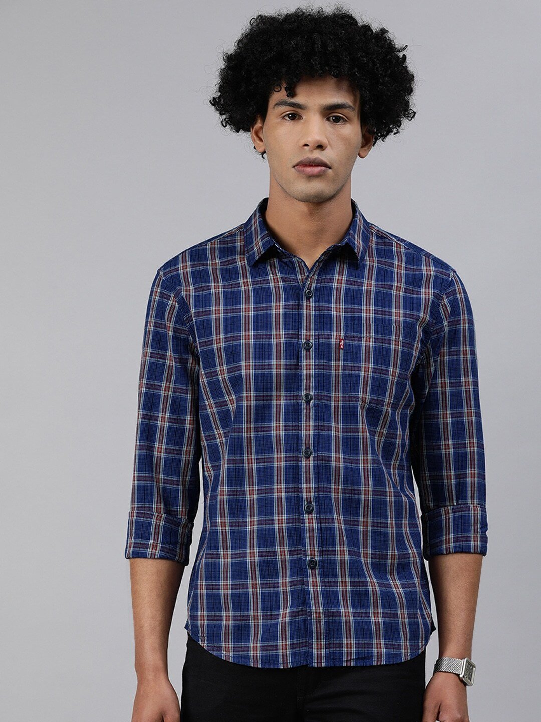 Men Navy Blue & Rust Red Slim Fit Checked Casual Shirt-32874-0296
