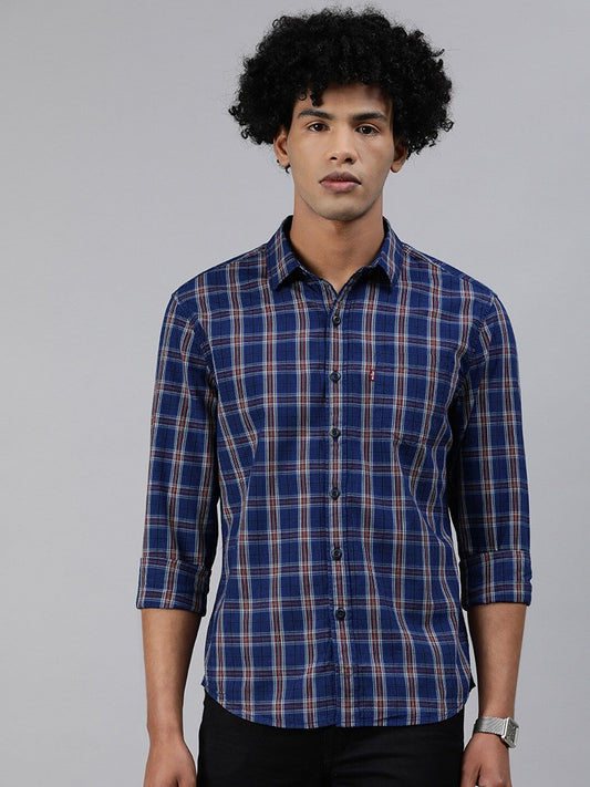 Men Navy Blue & Rust Red Slim Fit Checked Casual Shirt-32874-0296