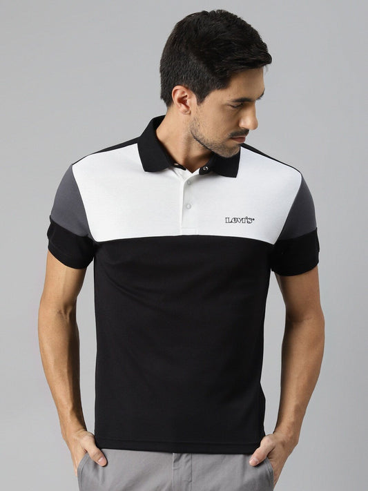Men White & Black Colourblocked Polo Collar T-shirt-87388-0001