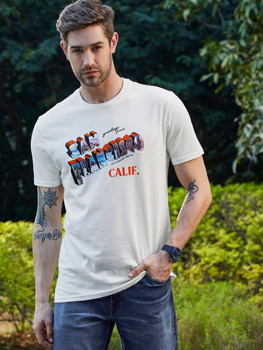 Men Off White Typography Printed Pure Cotton T-shirt-16960-0538
