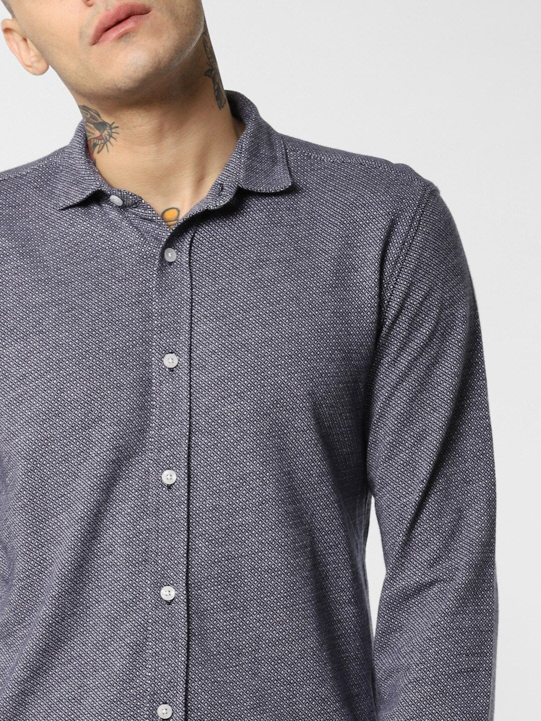 Men Navy Blue & White Slim Fit Self Design Casual Shirt-2080059002 - Discount Store