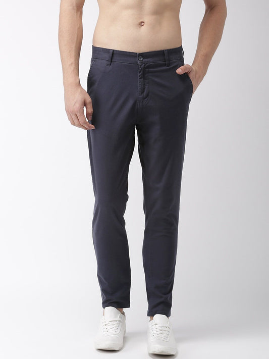 Men Navy Blue Tapered Fit Solid Chinos -HLTR003875