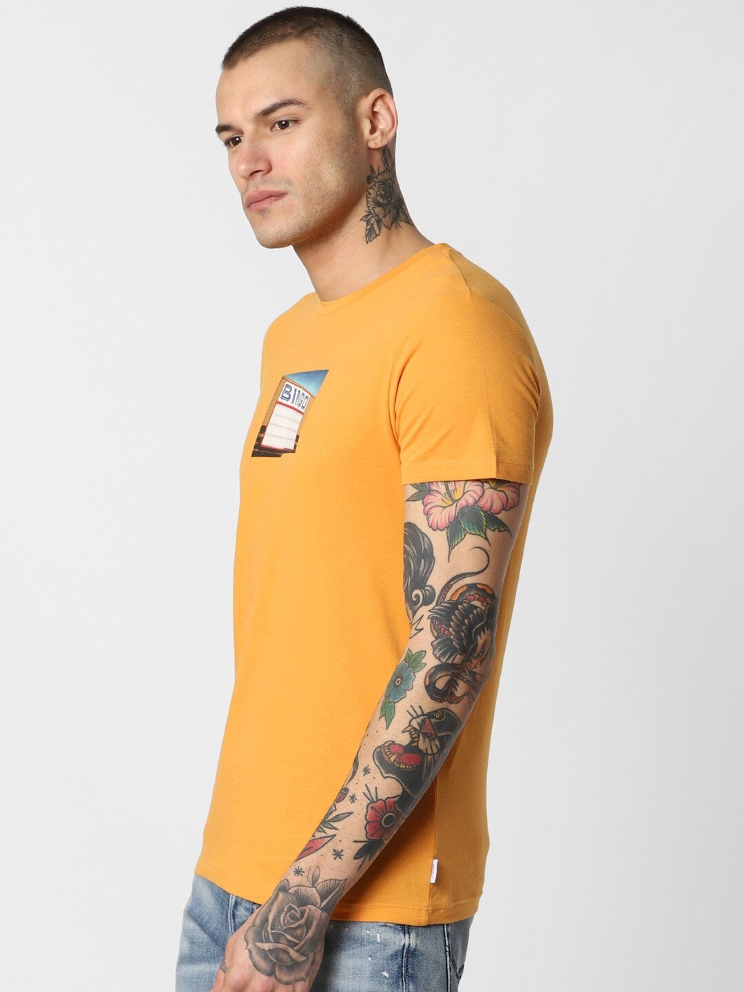 Men Mustard Yellow Printed Round Neck T-shirt
