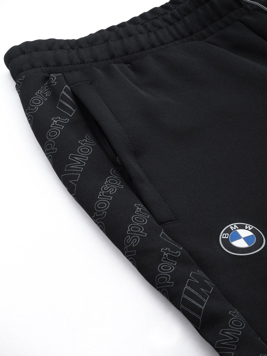 Men Black Straight Fit BMW MMS T7 Solid Track Pants with Printed Detailing - Discount Store