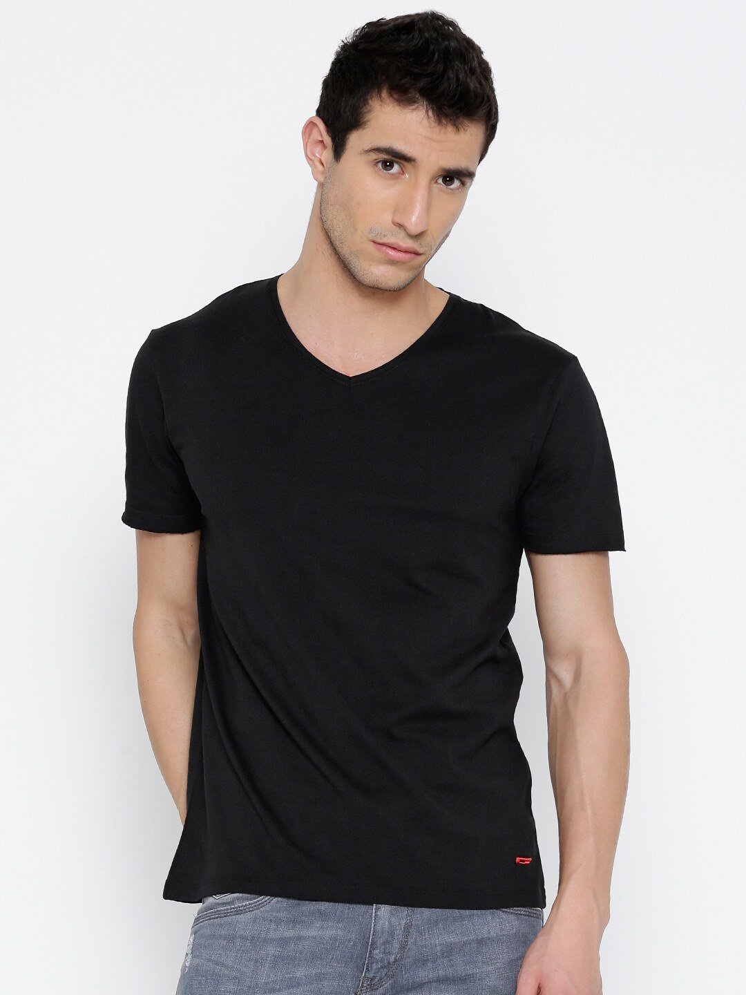 Men Black Solid V-Neck T-Shirt - Discount Store