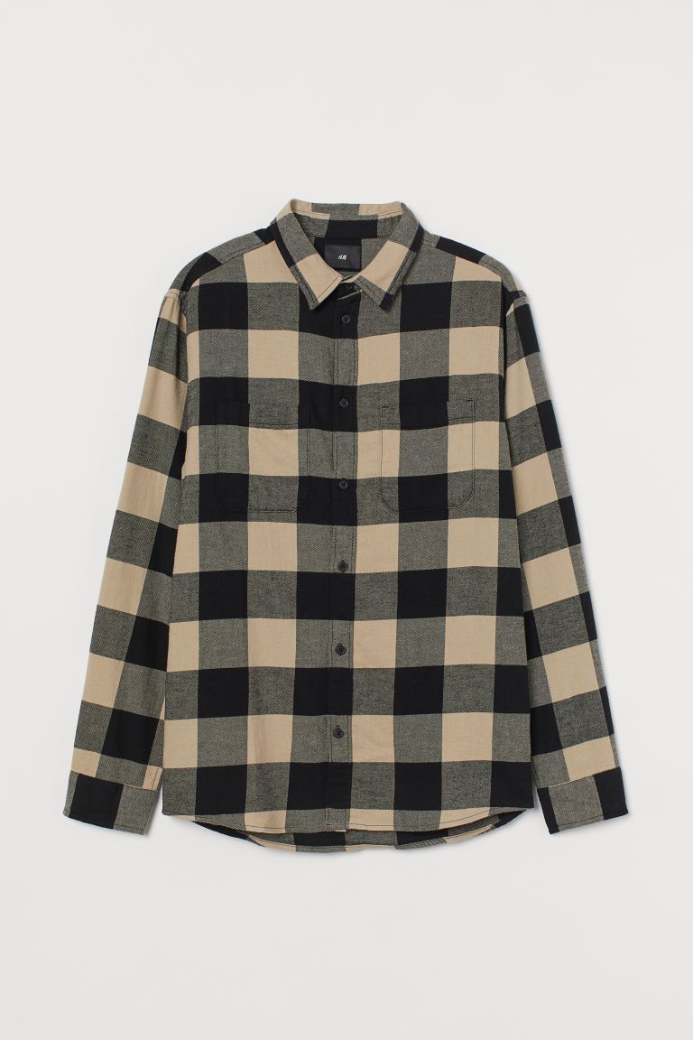 Cotton flannel shirt-Beige/Black-0908891002
