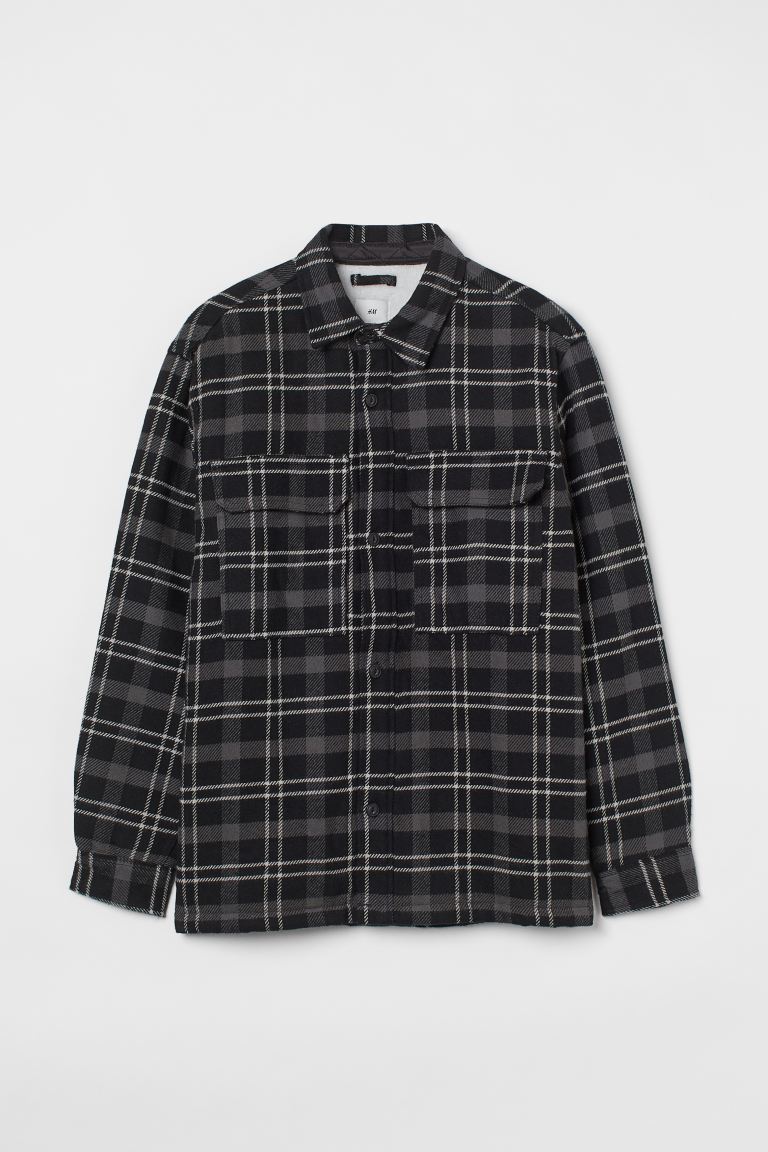 Teddy-lined cotton twill overshirt-(Dark grey/Black checked)1004145002