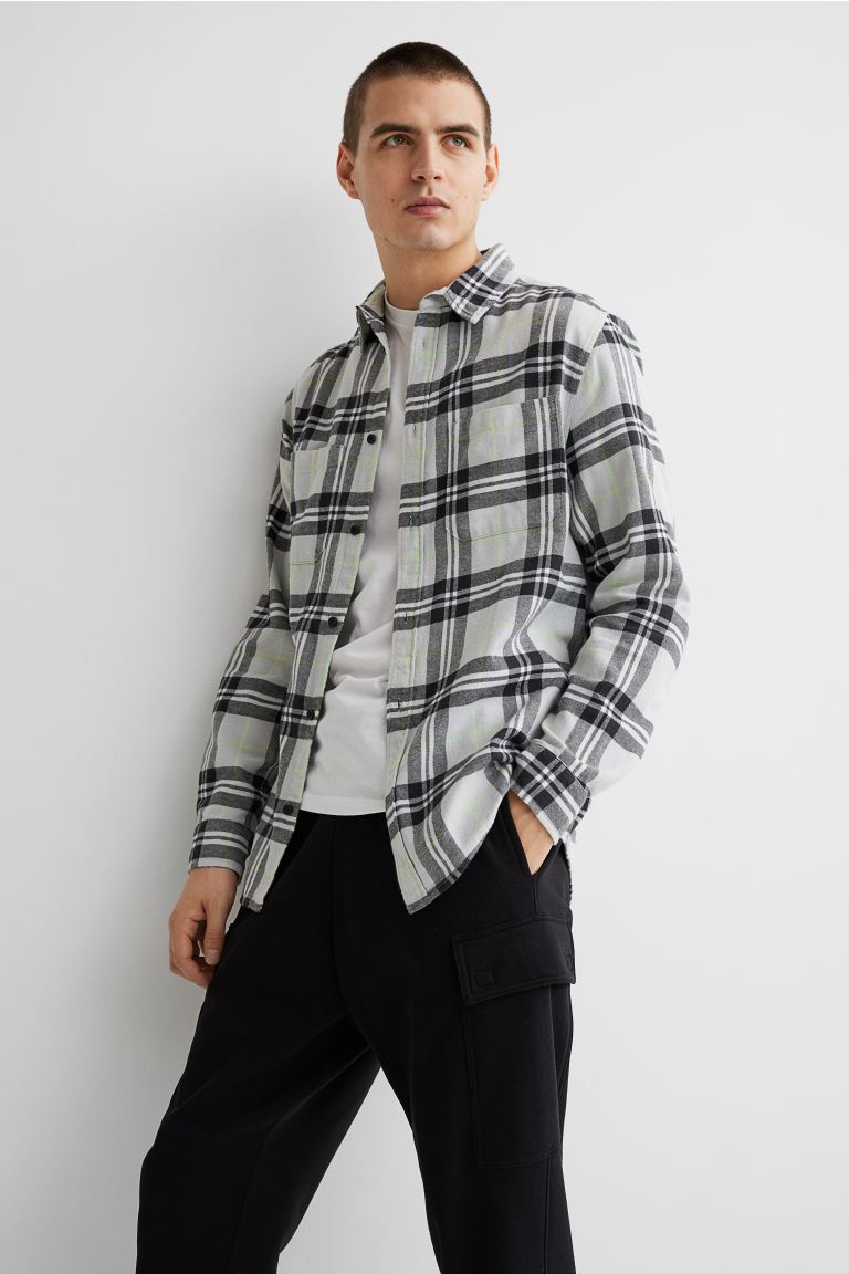 Regular Fit Flannel shirt-Light grey/Neon green-0964269003