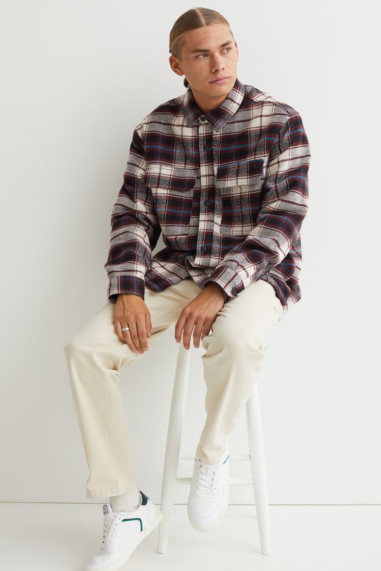 Teddy-lined cotton twill overshirt(Red/Blue checked)_1004145001