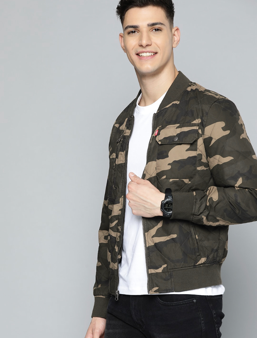 Men Olive Green Beige Camouflage Printed Quilted Jacket-A21570000