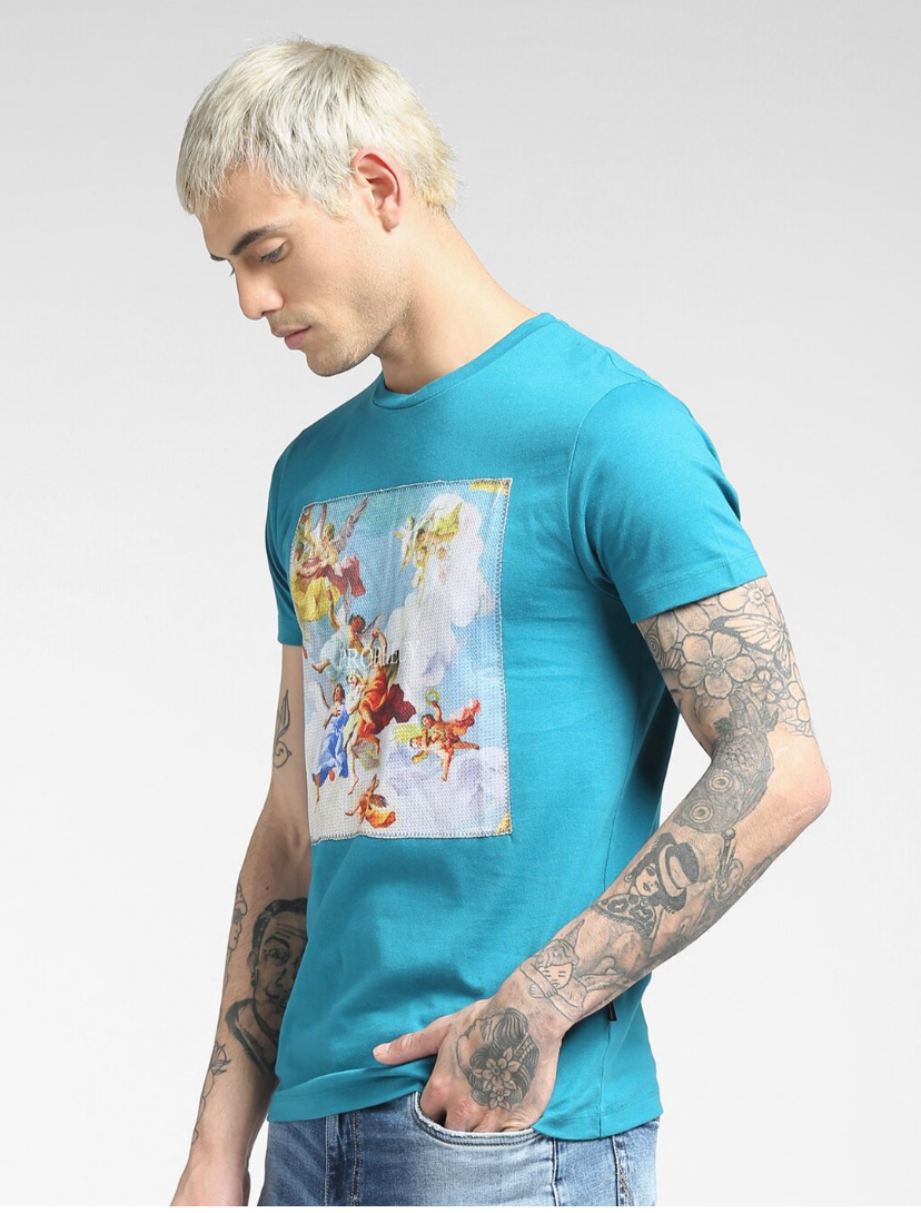 Men Blue Printed Slim Fit Cotton T-shirt-1535369003