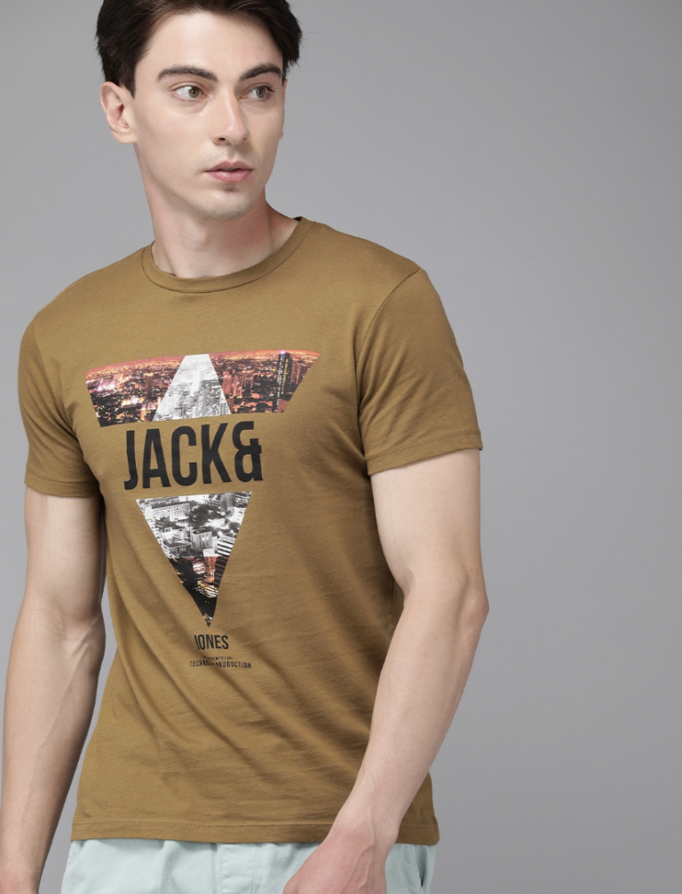 Jack Jones Men Brown Black Graphic Printed Slim Fit Pure Cotton T-shirt-2502868008