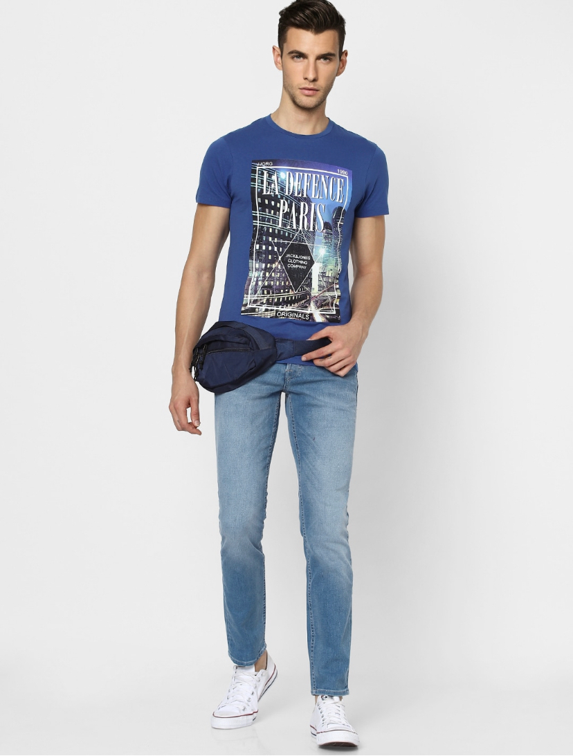 Jack Jones Men Blue Graphic Printed Pure Cotton T-shirt-2502879009