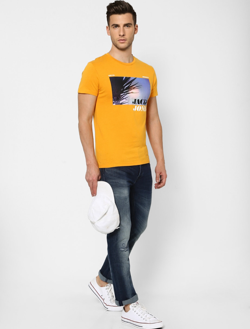 Men Mustard Yellow Printed Round Neck T-shirt-2502883019