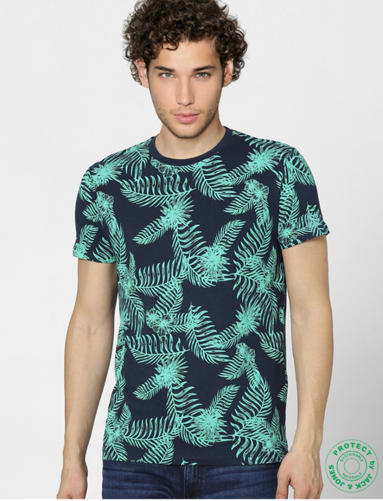 Jack Jones Men Blue Printed Tropical Slim Fit Cotton Pure Cotton T-shirt-2502877019