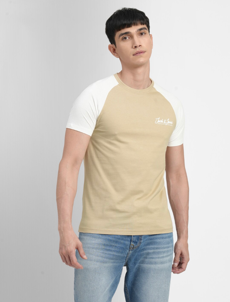 Men White & Beige Colourblocked Slim Fit Pure Cotton T-shirt-1051654008