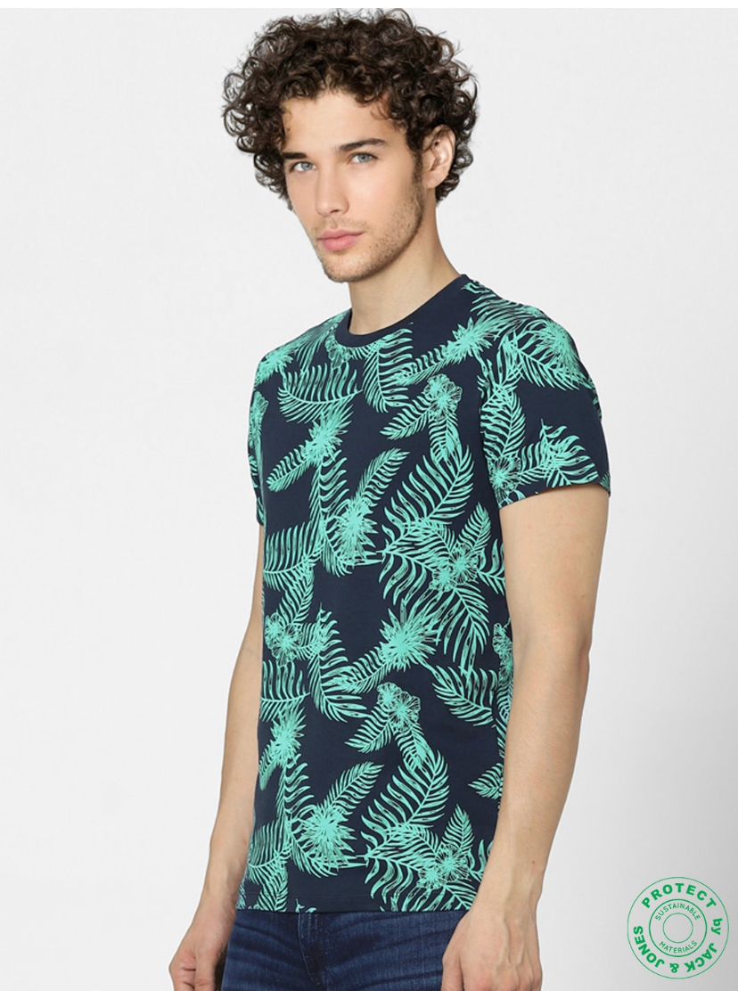 Jack Jones Men Blue Printed Tropical Slim Fit Cotton Pure Cotton T-shirt-2502877019