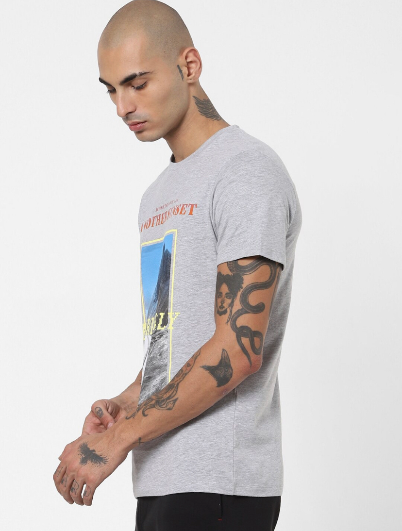 Men Grey & Blue Printed Slim Fit T-shirt-1710112012