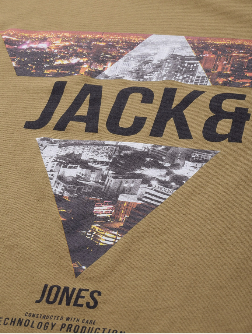 Jack Jones Men Brown Black Graphic Printed Slim Fit Pure Cotton T-shirt-2502868008