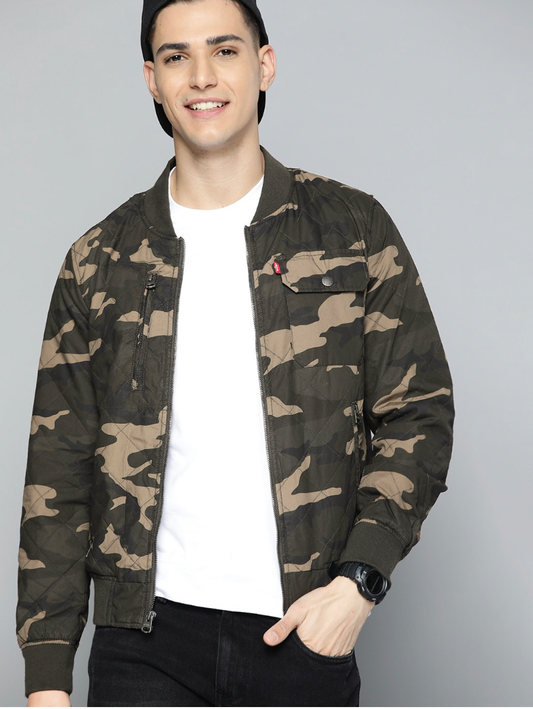 Men Olive Green Beige Camouflage Printed Quilted Jacket-A21570000