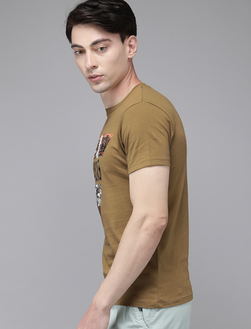 Jack Jones Men Brown Black Graphic Printed Slim Fit Pure Cotton T-shirt-2502868008